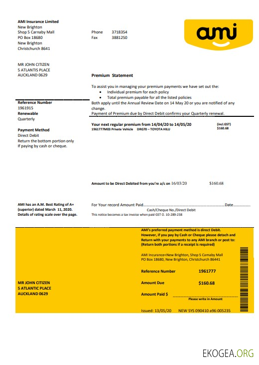 Modèle de relevé bancaire de New Zealand Ami Insurance Limited au format Word et PDF